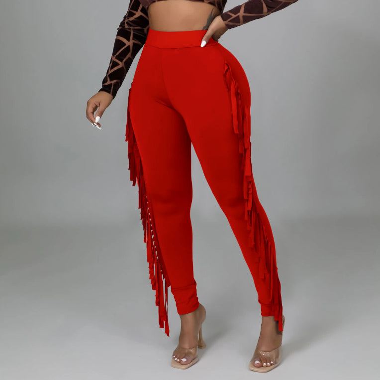 Spring and Autumn Tight High Waist Tassel Bandage Pants