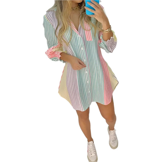 Women's Printed Lapel Casual Shirt Dress